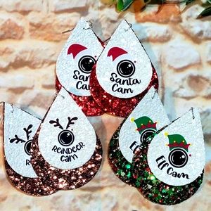 Set of 3 pairs Spying Christmas Cameras glitter faux leather earrings